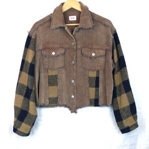 BiBi Corduroy Plaid Jacket Womens M Crop Relaxed Blocked Trucker Boho Western